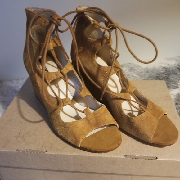 Zara- Lace up Suede Light Brown Wedges - Picture 1 of 5